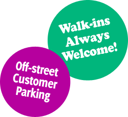 ‘Walk-ins Always Welcome!’ and ‘Off-street Customer Parking’ stickers